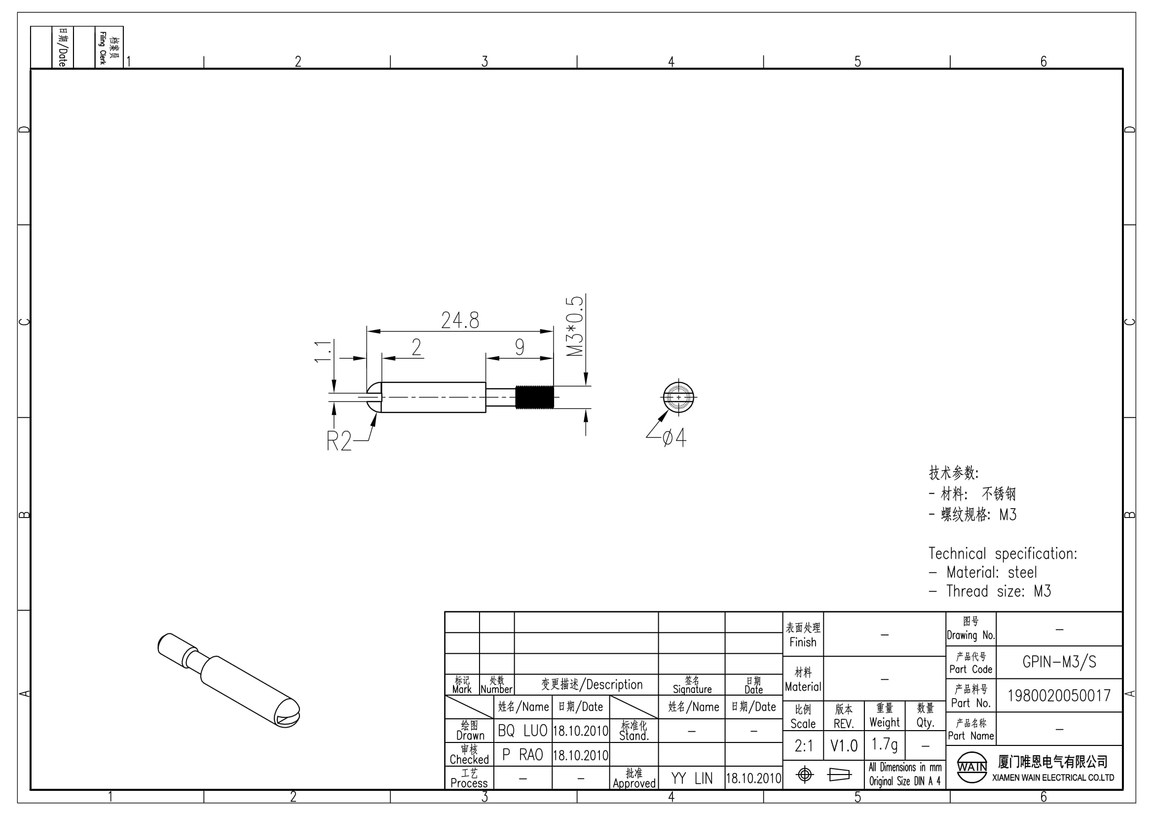 Кодирующий штырь GPIN-M3/S 1980020050017: Описание