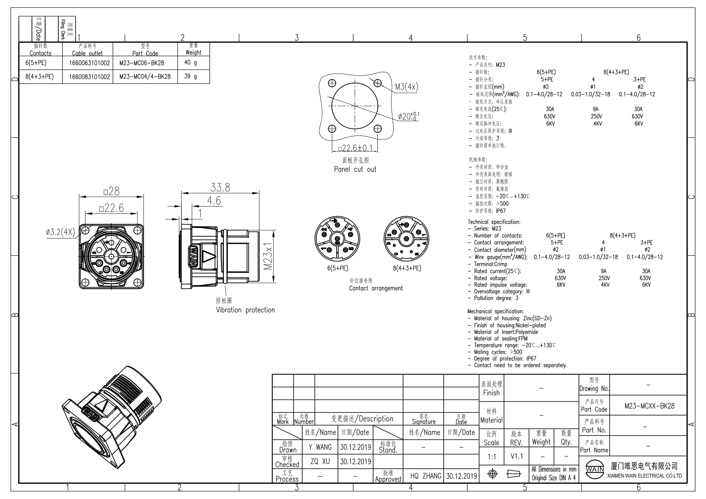 Цилиндрический соединитель-вилка M23-MC06-BK28 1660063101002: Описание