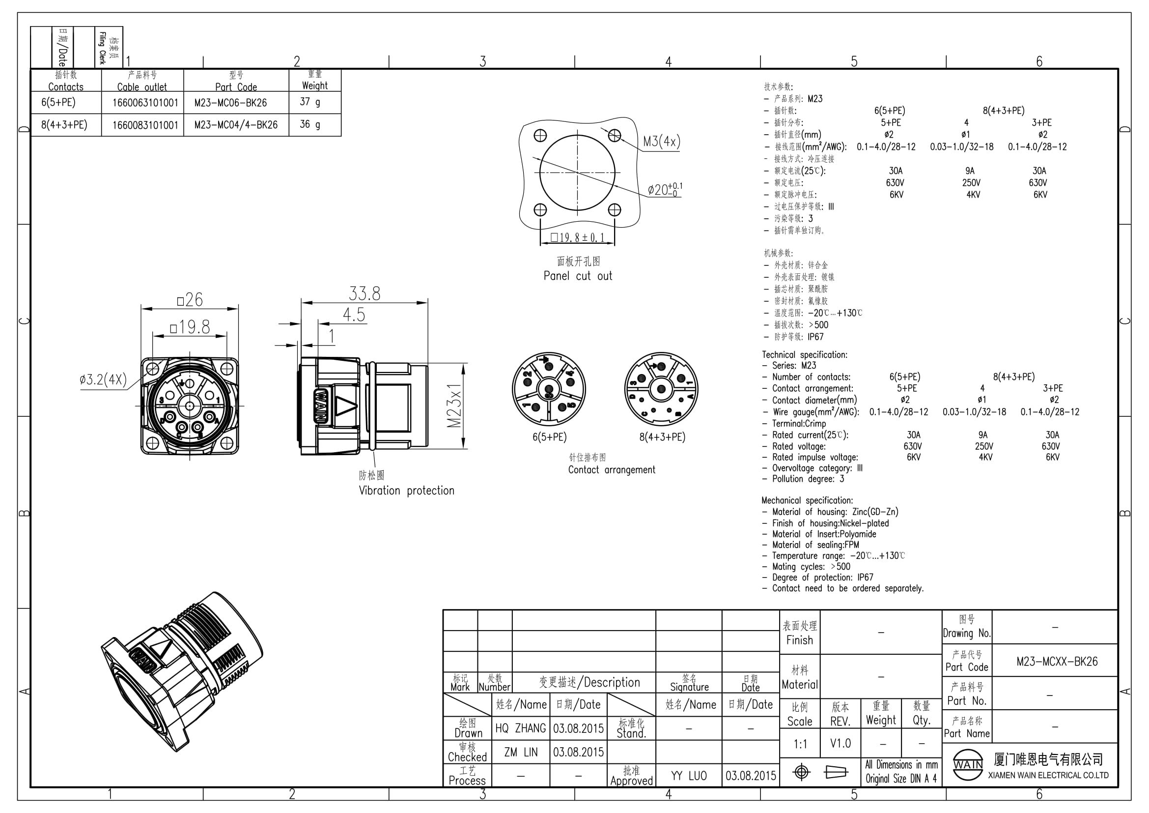 Цилиндрический соединитель-вилка M23-MC06-BK26 1660063101001: Описание