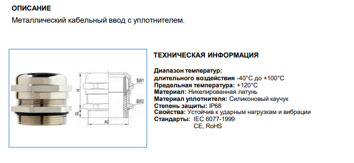 Кабельный сальник M20, арт. B71609200050: Технические характеристики